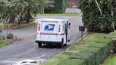 A USPS mail van delivers mail to a house in a neighborhood with green bushes and trees.