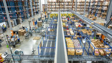 A parcel warehouse with conveyor belts.