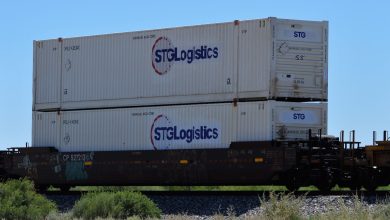 STG containers on a well car