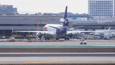 Rear view of a FedEx MD-11 freighter aircraft at an airport cargo terminal.