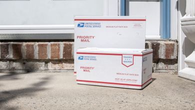 USPS Priority Mail boxes sitting on a single-family home doorstep.