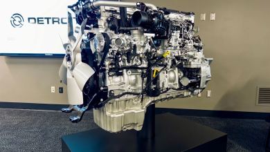 Detroit Gen 6 heavy-duty truck engine on display at the 2027 launch event in Redford Township, Michigan