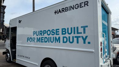 Harbinger purpose-built all-electric medium-duty truck displaying “Purpose Built for Medium Duty” branding