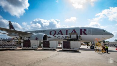 Side view of a Qatar Airways Cargo jet on the tarmac on a sunny day with side door open for loading.