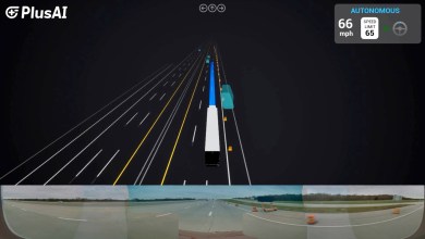 PlusAI SuperDrive 6.0 autonomous trucking demo showing night driving simulation on a highway (top) and real-world panoramic view with construction zones