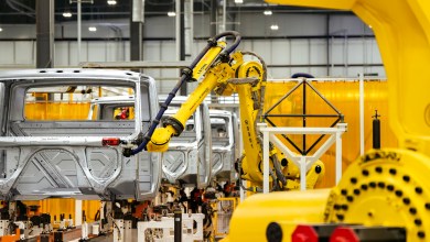 Robotic arms assemble truck cabs on the production line at International Trucks’ San Antonio manufacturing plant