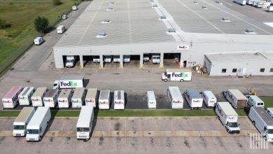 An aerial view of a FedEx Ground distribution center, with FedEx Ground vans on the property.
