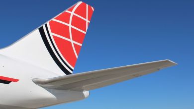 Red tail of an airp0lane, close up.