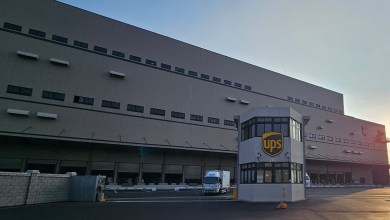 A UPS warehouse at dawn.