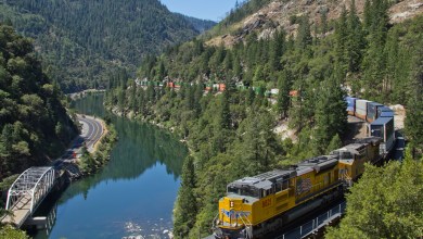 A Union Pacific stack train from Lathrop, Calif., to the Global II intermodal terminal in Northlake, Ill., is rerouted from Donner Pass through the Feather River Canyon on June 22, 2013, because of track work. UP and BNSF are in a dispute over BNSF plans for track-rights intermodal service via the canyon. David Carballido-Jeans