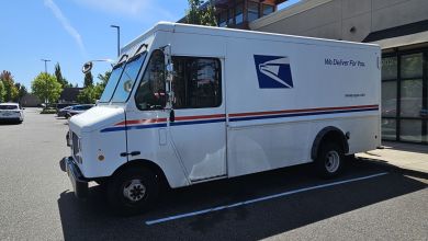 A U.S. Postal Service van parked in front of a strip mall store, rear first, on a sunny day. Side view.