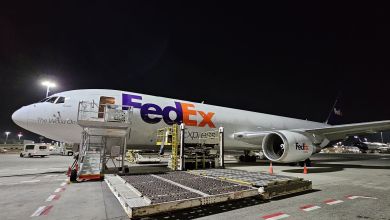 Side view of a FedEx plane at night with an empty pallet on the tarmac next to the plane.