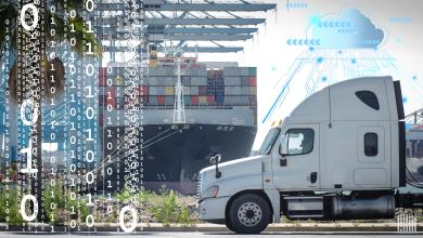 White semi-truck and container ship at a shipping port with digital binary code and cloud technology overlays, representing data-driven supply chain logistics.