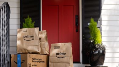 Amazon Prime grocery bags sit on a doorstep after delivery.