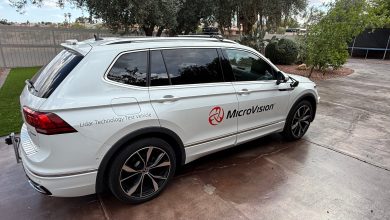 MicroVision LiDAR Technology Test Vehicle, a white SUV with multiple roof-mounted LiDAR sensors and company branding