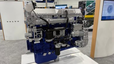 A close-up view of the new 13-liter Volvo D13 engine, designed to meet 2027 EPA standards, revealed at the ACT Expo.