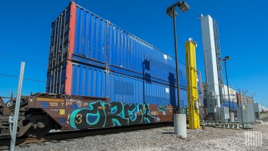 double-stacked containers on a well car