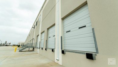 a warehouse with closed dock doors