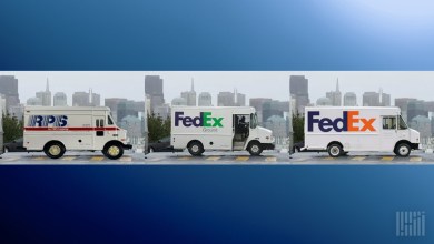 Scrolling view of delivery vans starting with RPS on the left, then FedEx Ground and then FedEx.