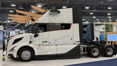 White Volvo VNL Autonomous semi-truck cab with Aurora Driver branding on display at ACT Expo 2026.