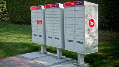 A Canada Post community mailbox stand as seen in a suburban neighborhood.
