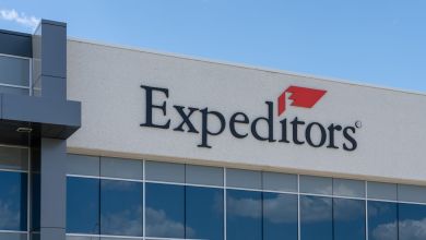 Close up view of the Expeditors logo on an office building.