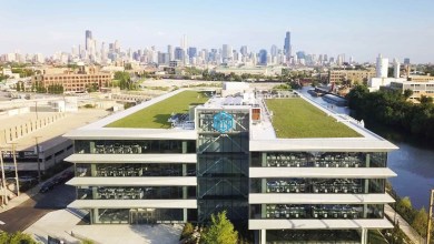 Modern C.H. Robinson Chicago headquarters featuring extensive green roofs on a glass office building with the downtown skyline in the background.