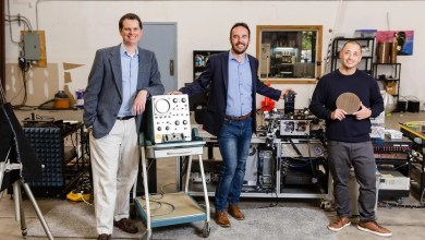 Teradar co-founders and executives in their Boston laboratory with Summit terahertz sensor development equipment and a semiconductor wafer