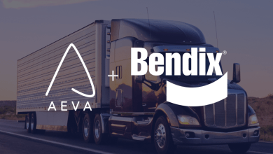 Bendix and Aeva partnership graphic showing a Class 8 semi-truck with Aeva and Bendix logos, representing their collaboration on 4D LiDAR for next-generation collision mitigation systems in commercial vehicles