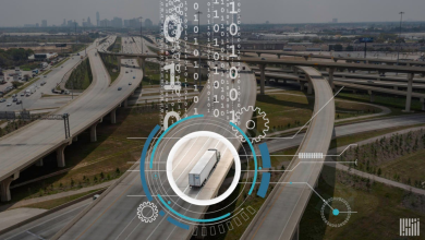 Aerial view of a semi-truck driving on a major highway interchange overlaid with binary code, digital gears, and tech graphics representing Orderful's AI-powered EDI platform