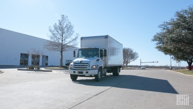 a white delivery truck near a warehouse