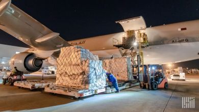 Night loading of pallets on a cargo jet.