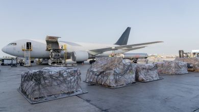 Pallets sit on the tarmac waiting to be loaded in a cargo plane.