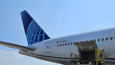 A close-up view of tail section of a United Airlines 777 jet with the rear cargo door open.