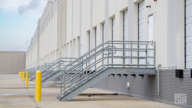 a warehouse with closed dock doors