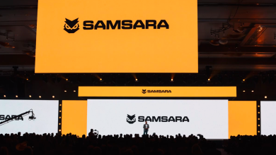 Samsara's redesigned owl logo and high-visibility yellow branding representing its physical AI platform identity