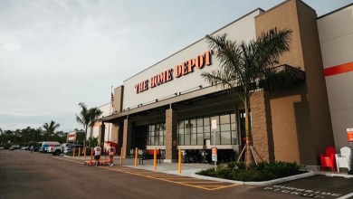 A Florida Home Depot location with a palm tree at the entrance.