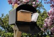 View of an open mailbox with a small package inside.