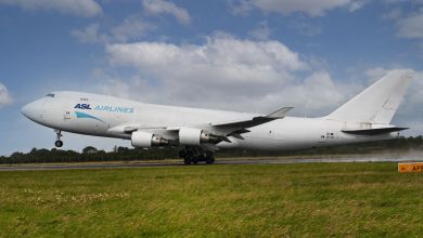 A Boeing 747-400 cargo jet with ASL Airlines lettering in light blue takes off.