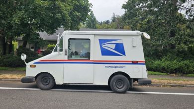 A side view of a U.S. Parcel Service delivery van stopped on a side of the road.