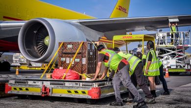 A ground crew wearing yellow vests pushes a large cargo skid towards a yellow DHL cargo jet so it can be loaded.