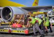 A ground crew wearing yellow vests pushes a large cargo skid towards a yellow DHL cargo jet so it can be loaded.