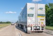 a rearview of two ABF Freight pup trailers on a highway