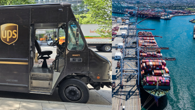 A brown UPS delivery van on the left; aerial view of a container terminal at the Port of Los Angeles, on the left.