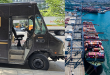 A brown UPS delivery van on the left; aerial view of a container terminal at the Port of Los Angeles, on the left.