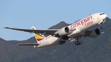 A Ethiopian Cargo jet takes off with desert mountains in the background.