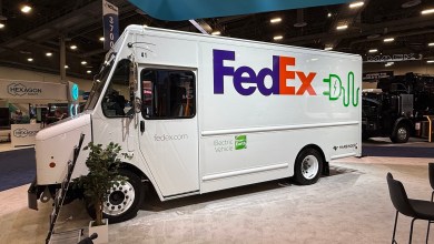 FedEx-branded Harbinger electric step van on display at ACT Expo. FedEx has ordered 2,000 Harbinger electric trucks.