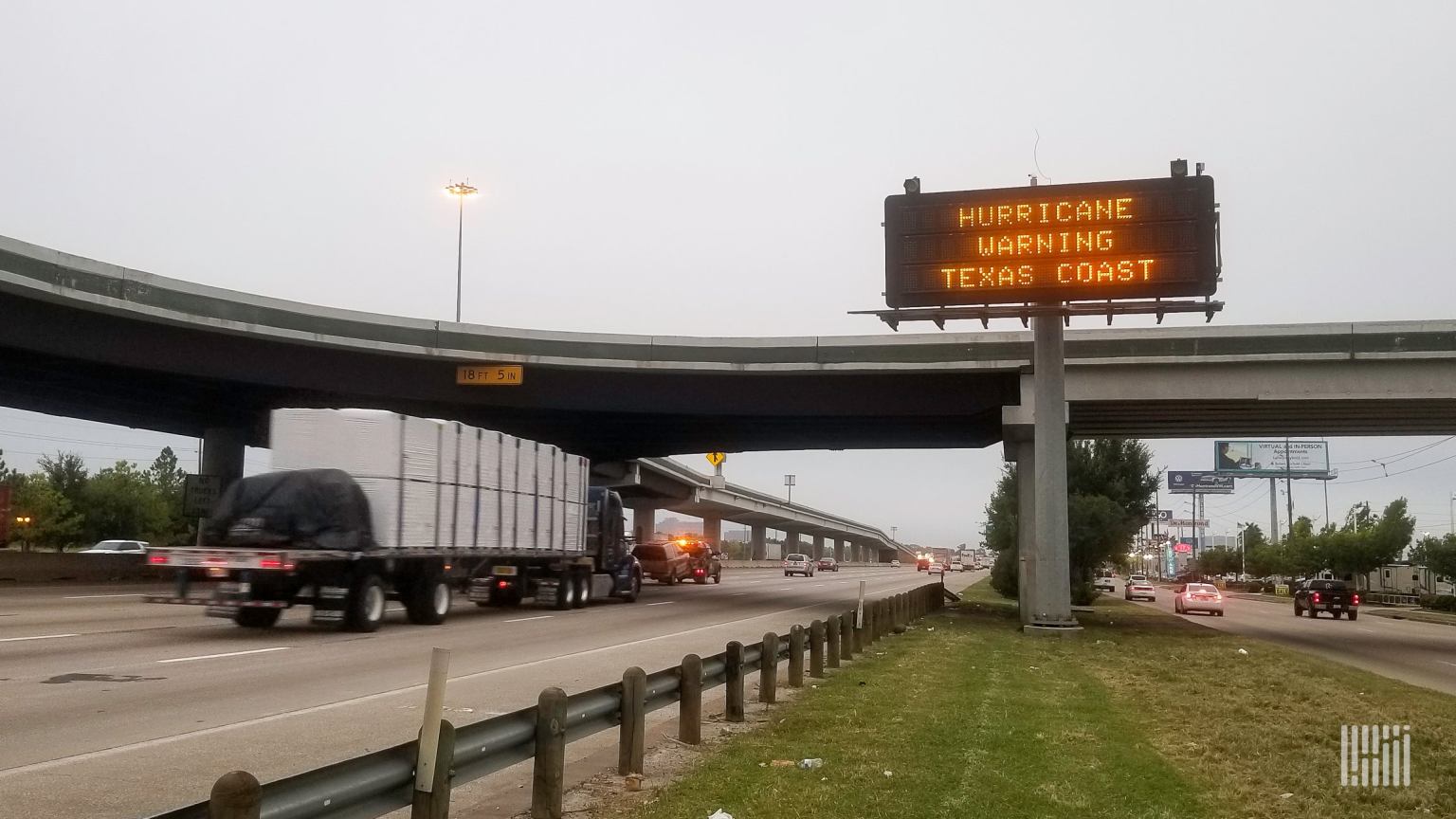 The longer window is aimed at giving carriers responding to emergencies more time to move essential supplies, the Federal Motor Carrier Safety Administration said. Pictured is a truck traveling through Houston, Texas, during a 2024 hurricane warning. (Photo: Jim Allen/FreightWaves)