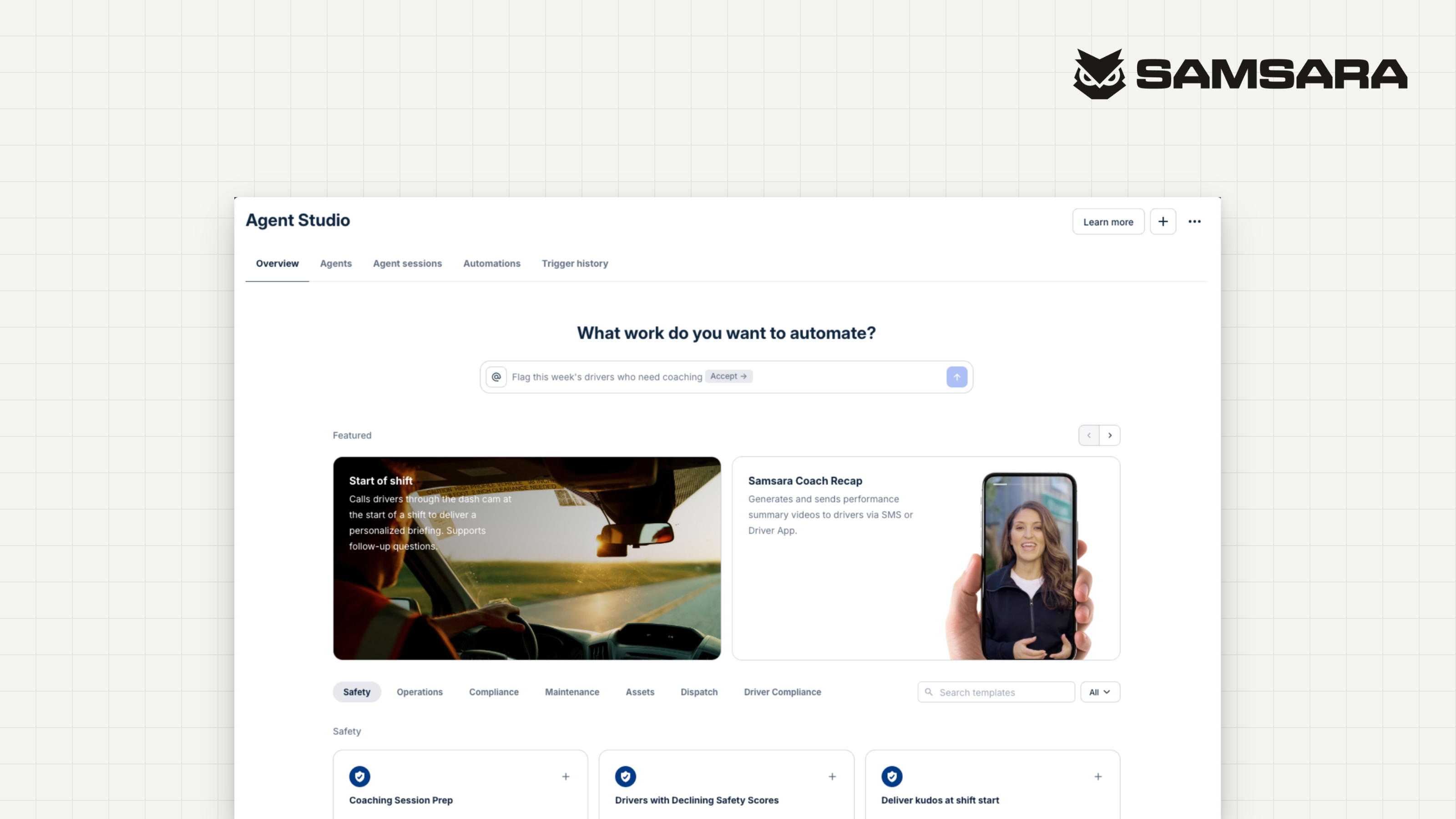 Samsara’s Agent Studio allows customers to build custom AI agents using operational data for tasks including reporting, driver compliance monitoring and voice-based communication with drivers. (Photo: Samsara)