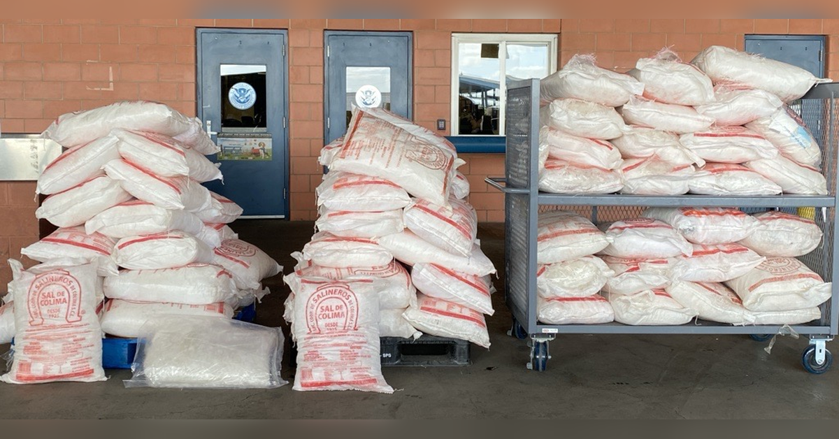 Bags containing 3,395.91 pounds of suspected methamphetamine discovered in a commercial shipment manifested as salt at the World Trade Bridge in Laredo, Texas, on Oct. 12, 2026. (Photo: U.S. Customs and Border Protection)